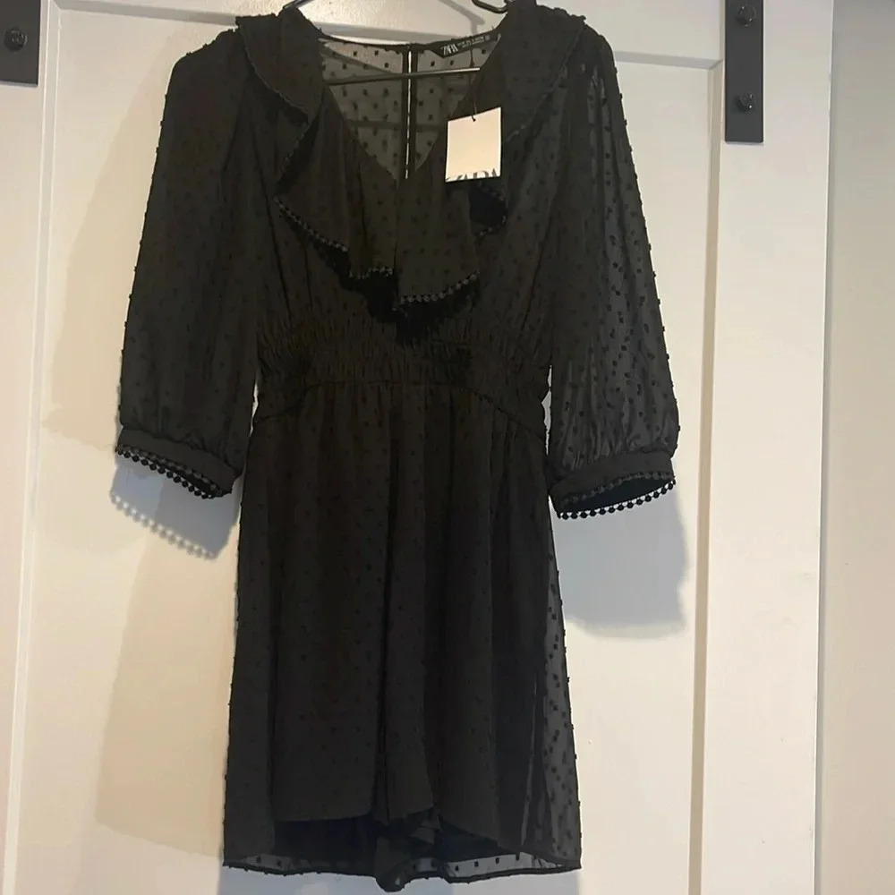 NWT Zara Sheer Black Polka Dot Ruffle 3/4 Sleeve Dress Romper V Neck Size XS